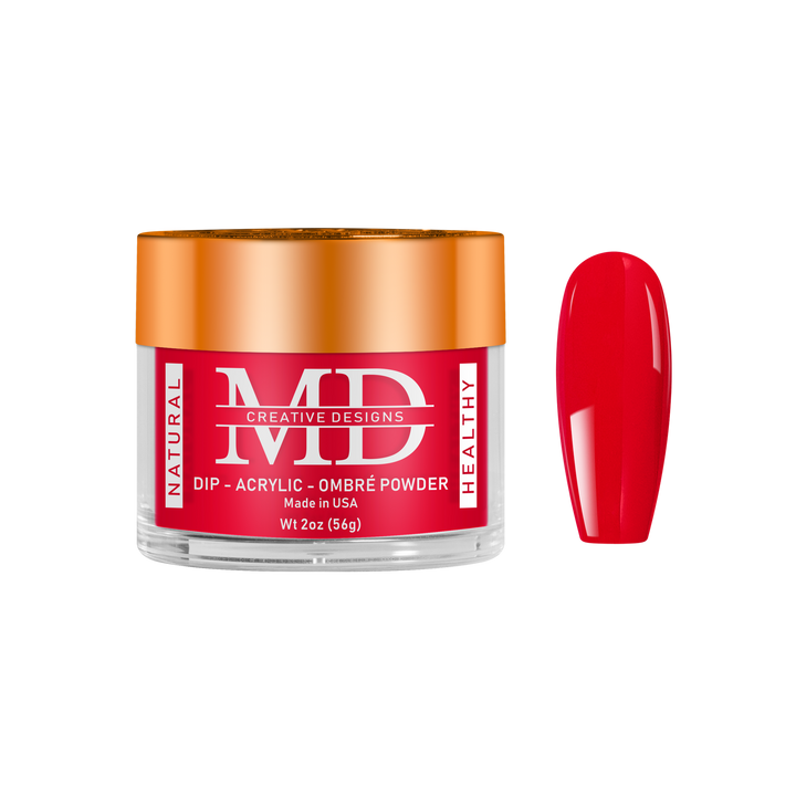 Jar of MD nail powder with a red nail tip swatch on a white background