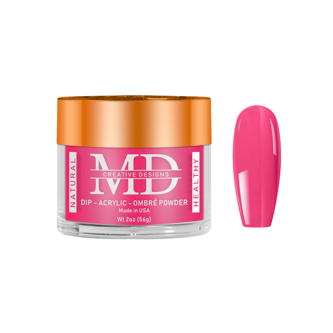 Jar of MD nail powder with a pink nail tip swatch on a white background