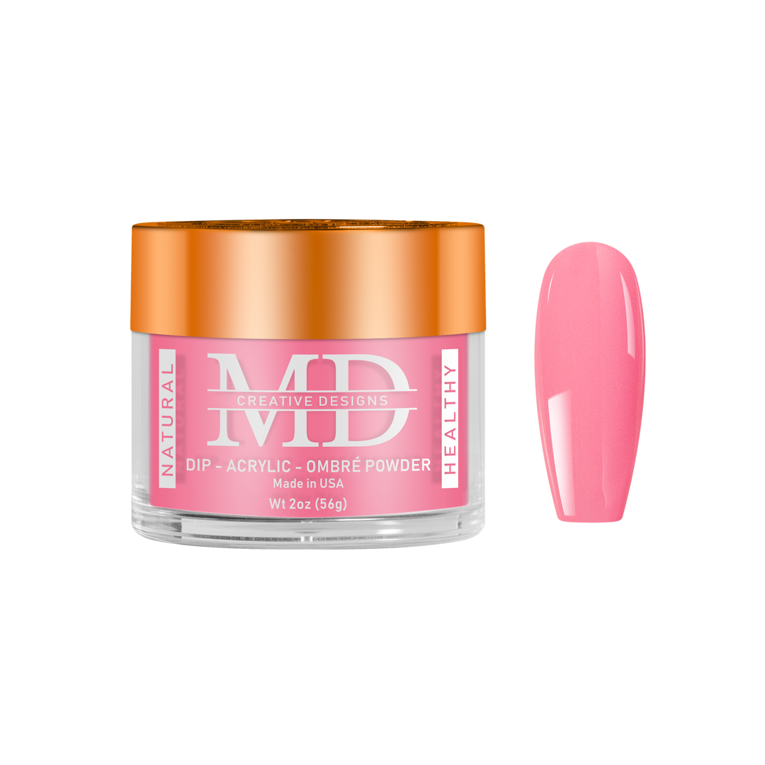 Pink nail powder in a jar with a matching pink nail tip swatch on a white background