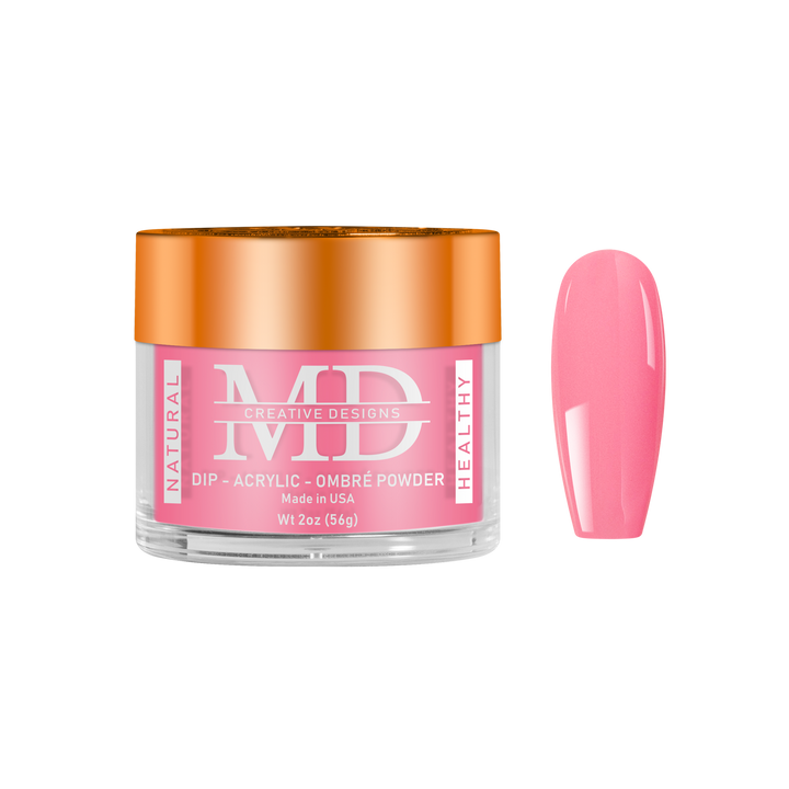 Pink nail powder in a jar with a matching pink nail tip swatch on a white background
