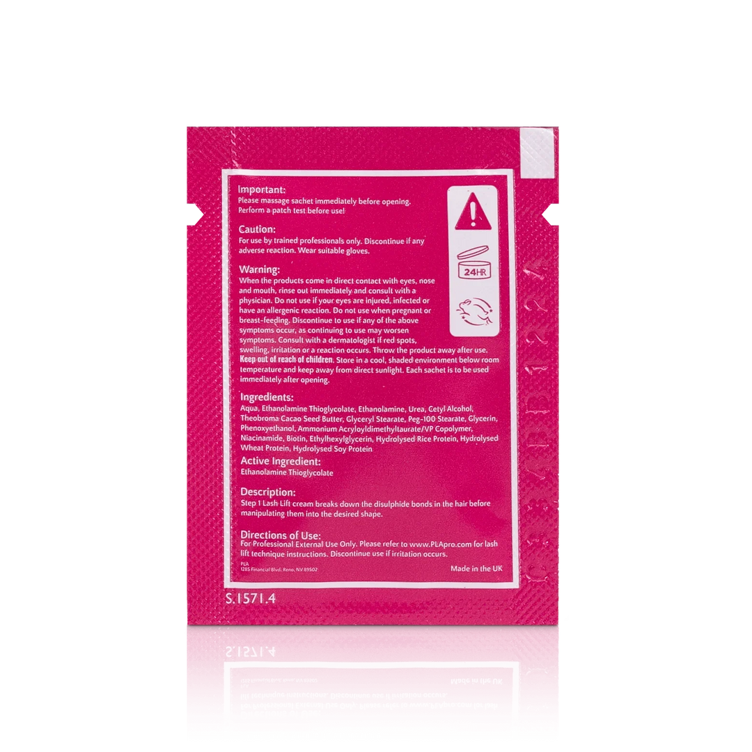 PLA Lash Lift and Tint Line: Lash Lift Step 1 Sachet (back view of the sachet)