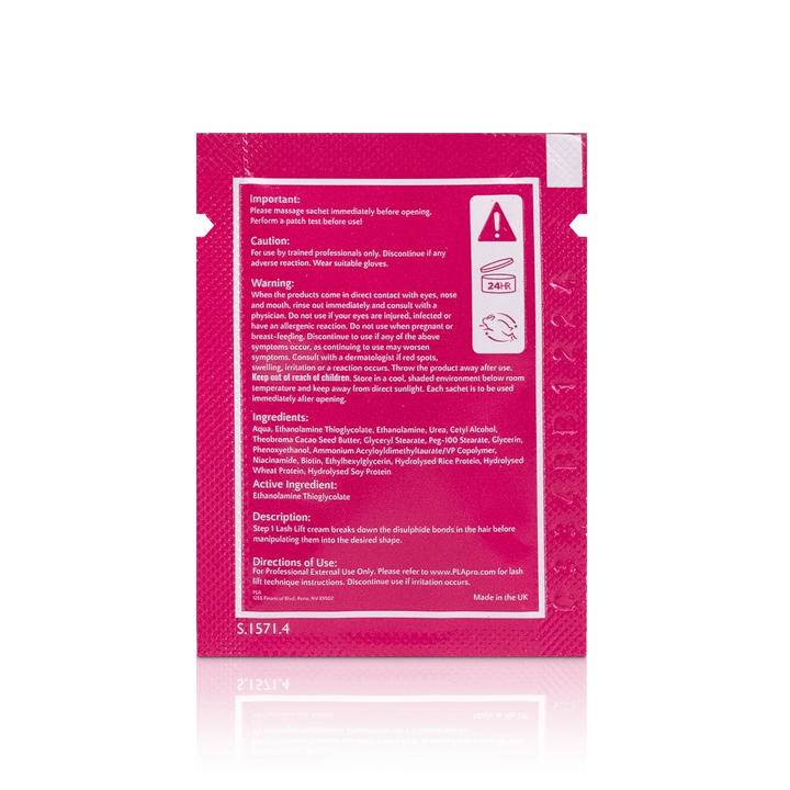 PLA Lash Lift and Tint Line: Lash Lift Step 1 Sachet (back view of the sachet)
