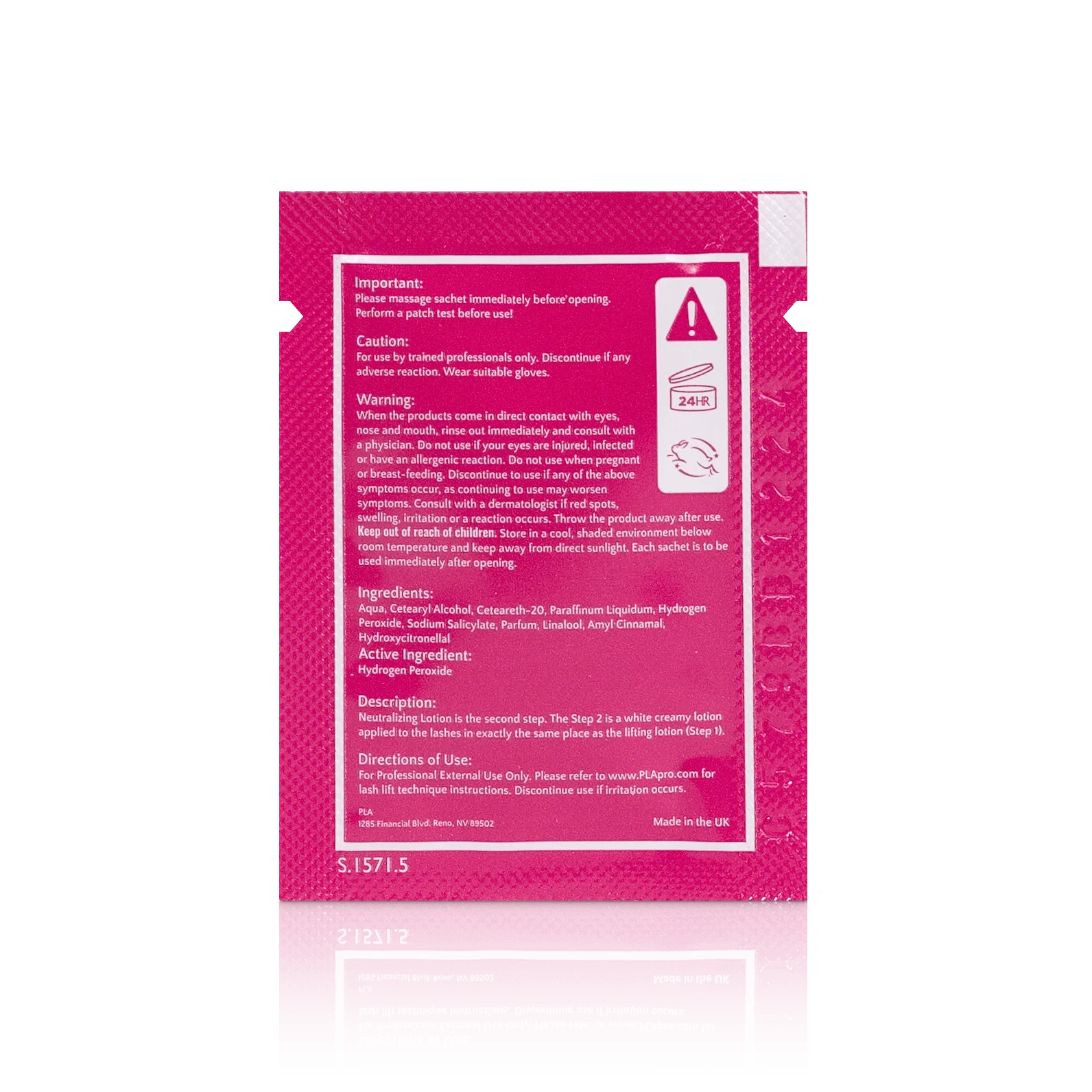 PLA Lash Lift and Tint Line: Lash Lift Step 2 Sachet (back view of the sachet)