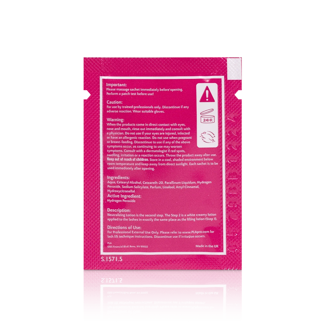 PLA Lash Lift and Tint Line: Lash Lift Step 2 Sachet (back view of the sachet)
