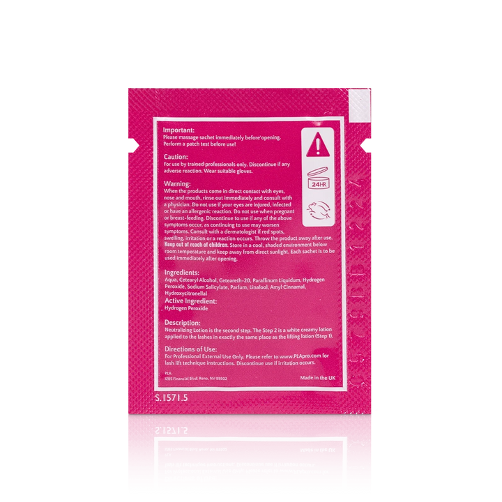 PLA Lash Lift and Tint Line: Lash Lift Step 2 Sachet (back view of the sachet)