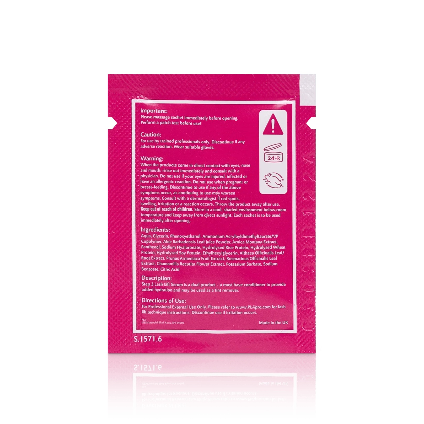 PLA Lash Lift and Tint Line: Lash Lift Step 3 Sachet (back view of the sachet)