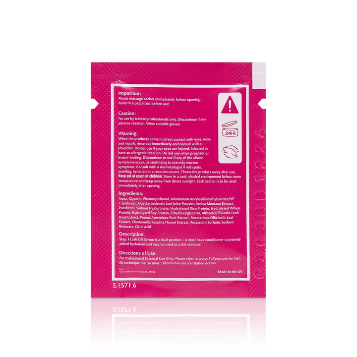PLA Lash Lift and Tint Line: Lash Lift Step 3 Sachet (back view of the sachet)