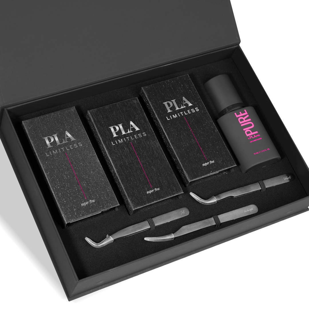 Set of Lash Extension Limitless products in a black box with 'PLA' branding.