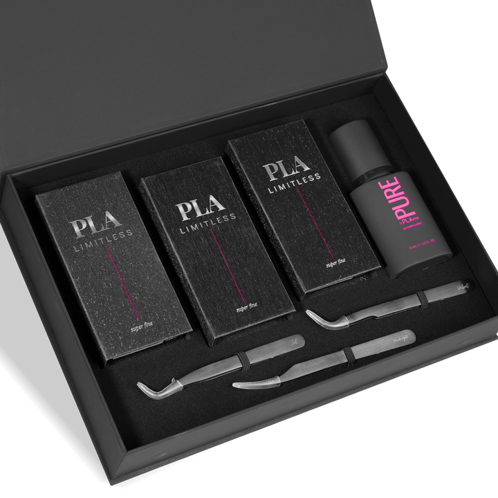 Set of Lash Extension Limitless products in a black box with 'PLA' branding.