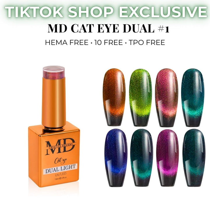 MD Cat Eye nail polish with colorful dual light effect nail tip color swatches on a white background.