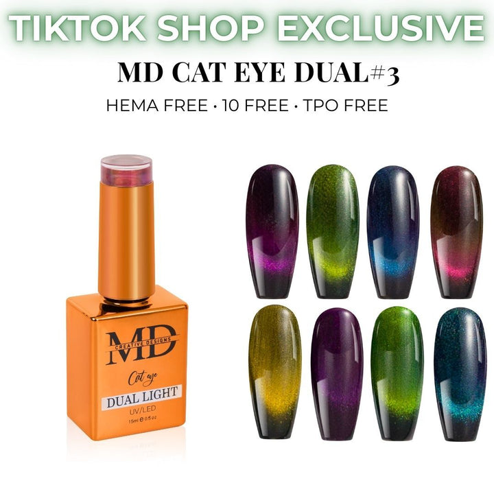 Nail tip color swatch with cat eye effect and nail polish bottle on a white background