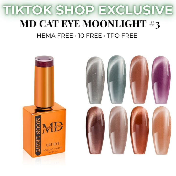 Orange nail polish bottle with cat eye effect on eight color swatch nail tips displayed on a white background.