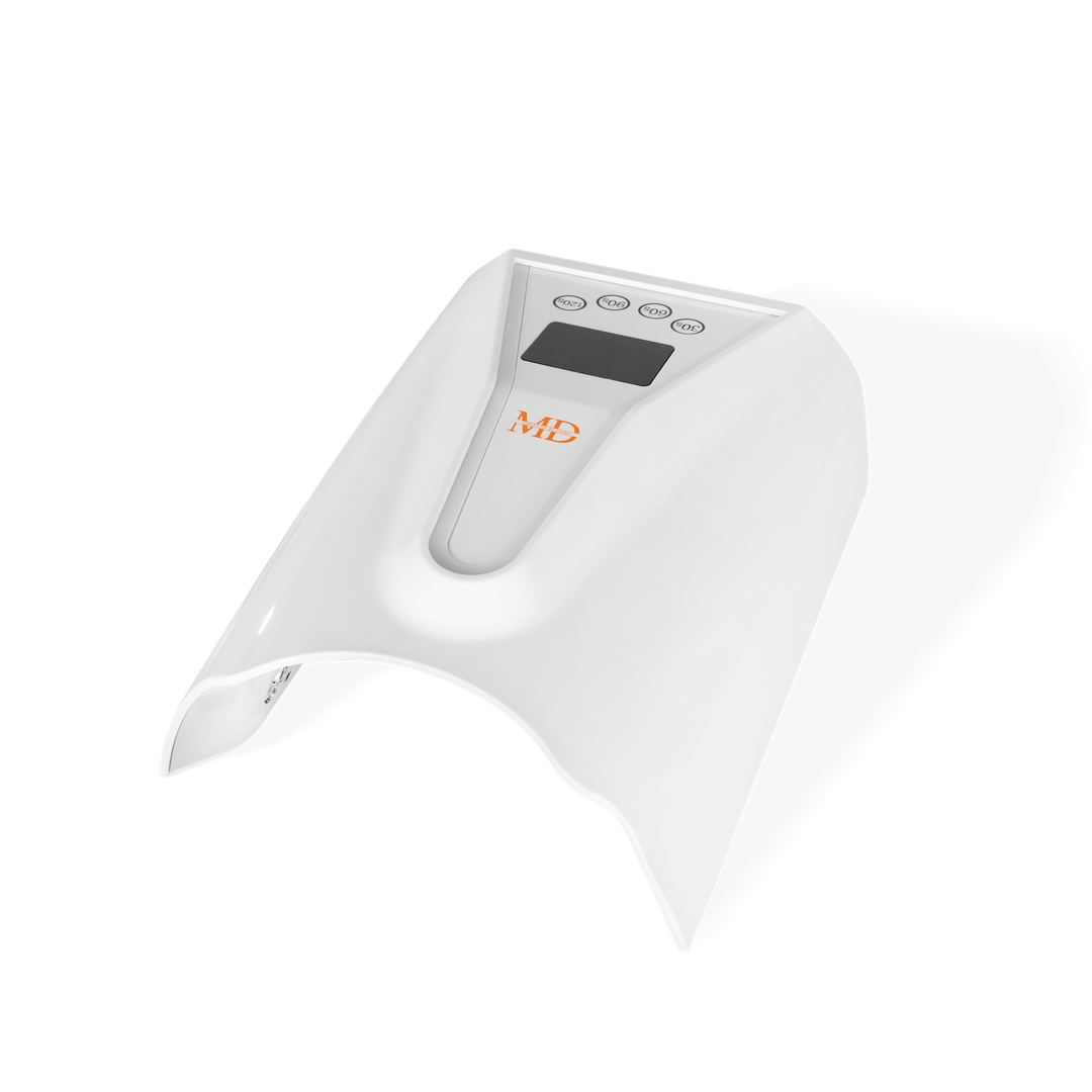 A white curved electronic UV Nail Lamp with a digital display screen and orange &