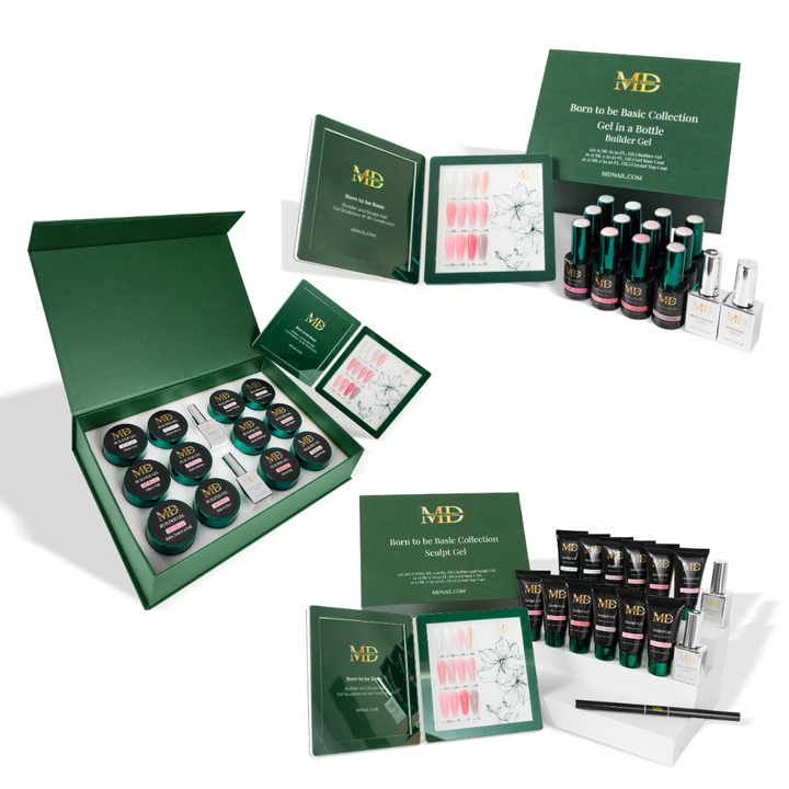 Gel collection with green boxes and product packaging on a white background