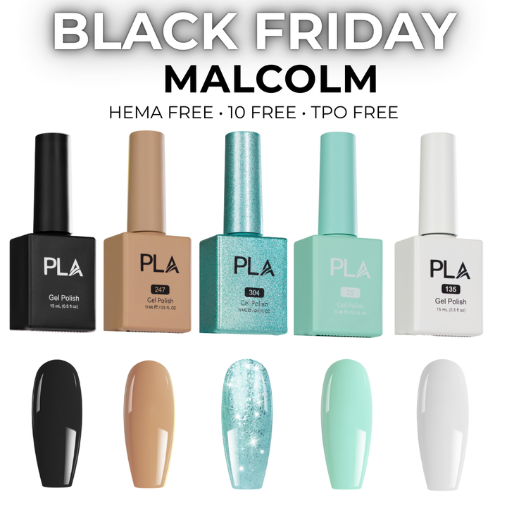 Collection of PLA gel polish bottles and their corresponding nail colors on a white background with &
