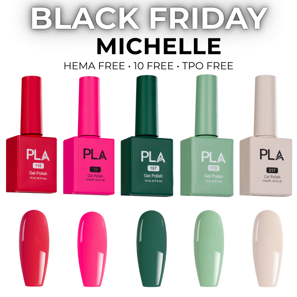 Set of nail polish bottles with corresponding nail tip color swatches on a white background, featuring the text 'Michelle'.