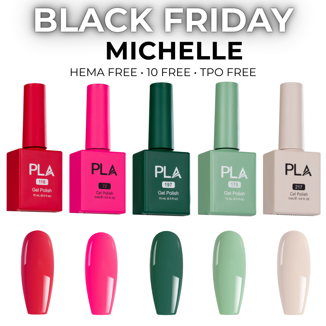 Set of nail polish bottles with corresponding nail tip color swatches on a white background, featuring the text &