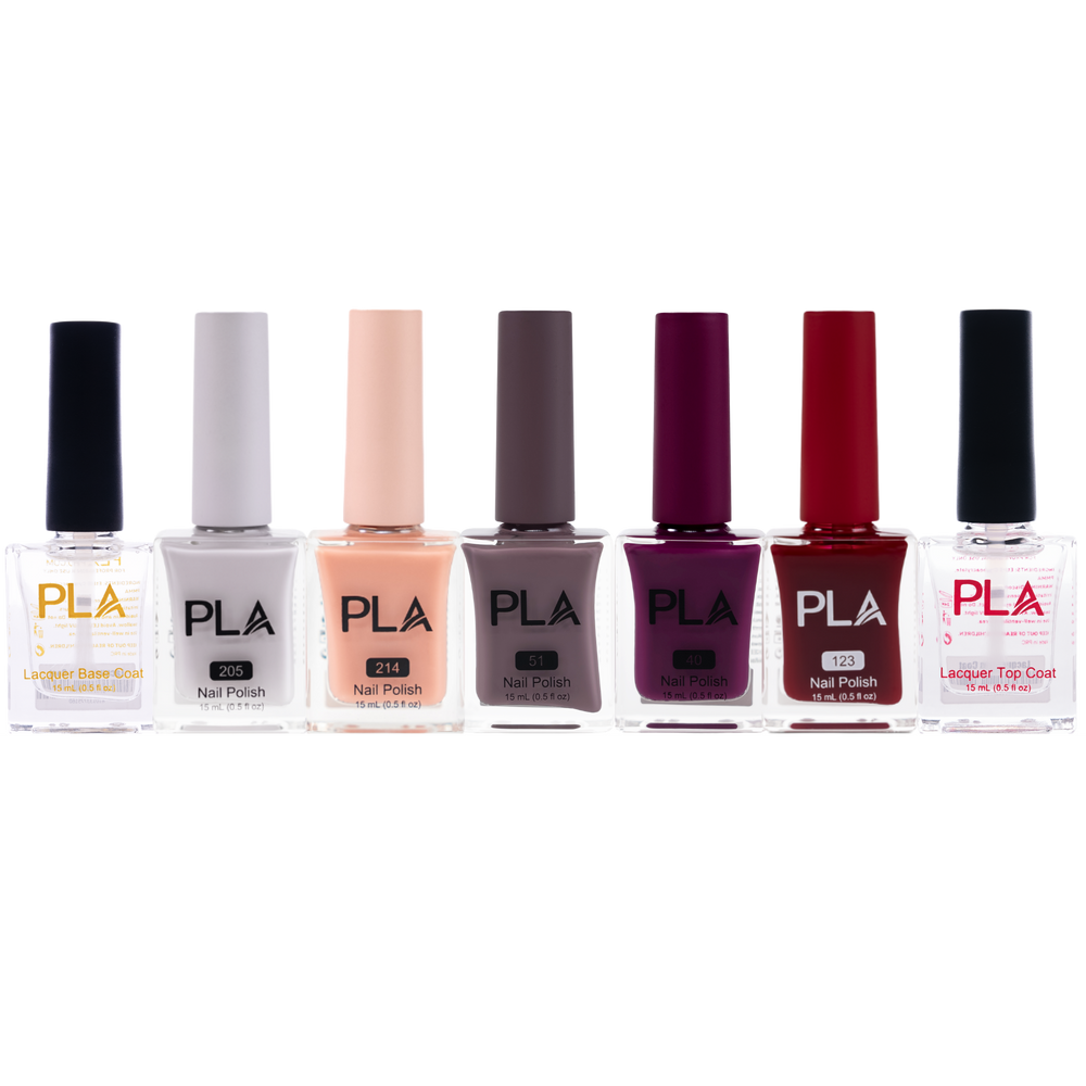Set of PLA nail polish bottles on a white background