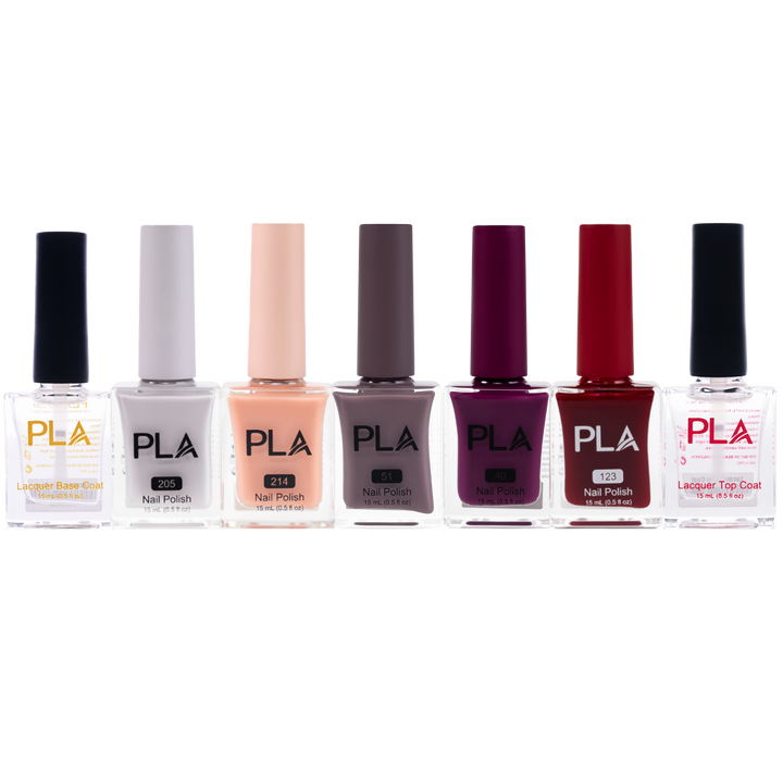 Set of PLA nail polish bottles on a white background