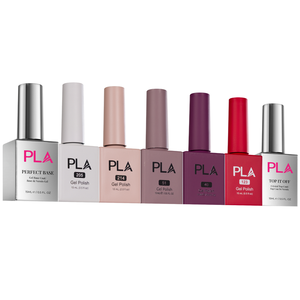 Set of PLA gel polish bottles on a white background
