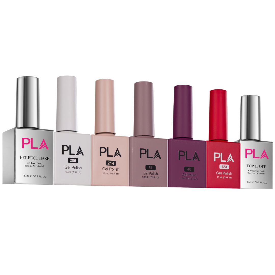 Set of PLA gel polish bottles on a white background