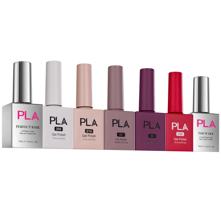 Set of PLA gel polish bottles on a white background