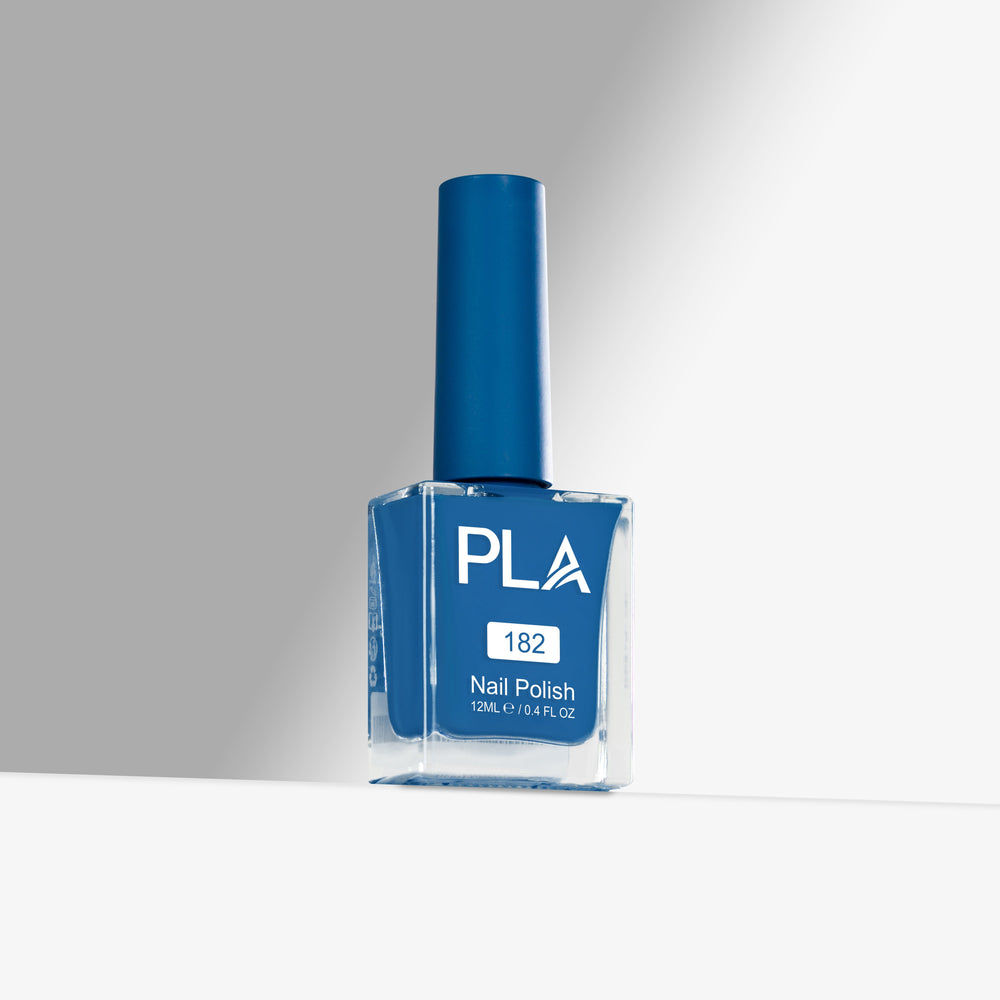 Blue nail polish bottle with 'PLA' branding on a gray background