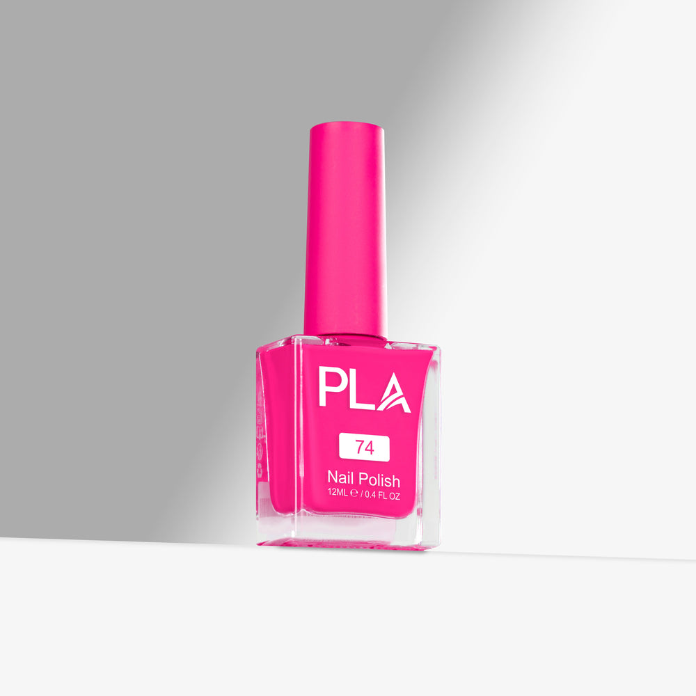 Pink nail polish bottle with 'PLA' brand on a gray background