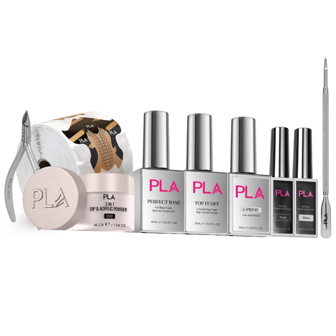 Kit of PLA nail products including nippers, cuticle pusher, nail forms, beige acrylic powder, top and base coat bottles, and gel liner bottles.