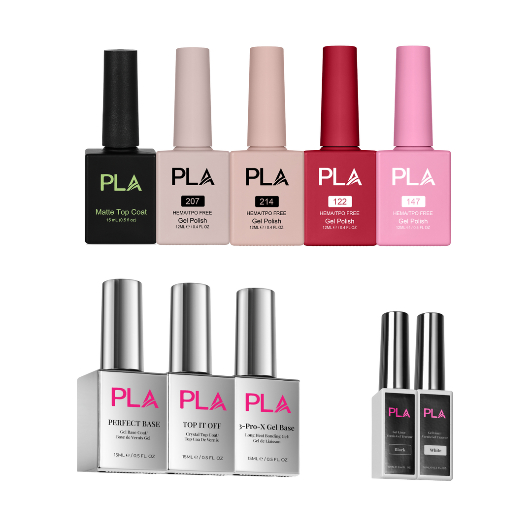 A collection of PLA nail polish products arranged on a white background, including matte top coat, hema-free gel polish in beige, red, and pink shades, along with base and top coat bottles.