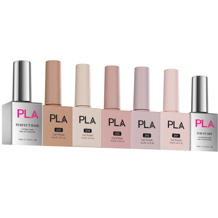 Set of PLA nail polish bottles on a white background