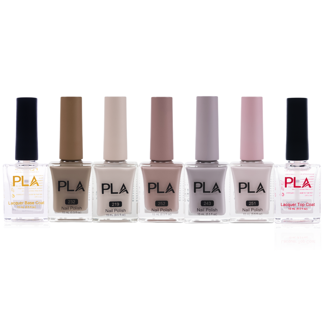 Set of PLA nail polish bottles on a white background