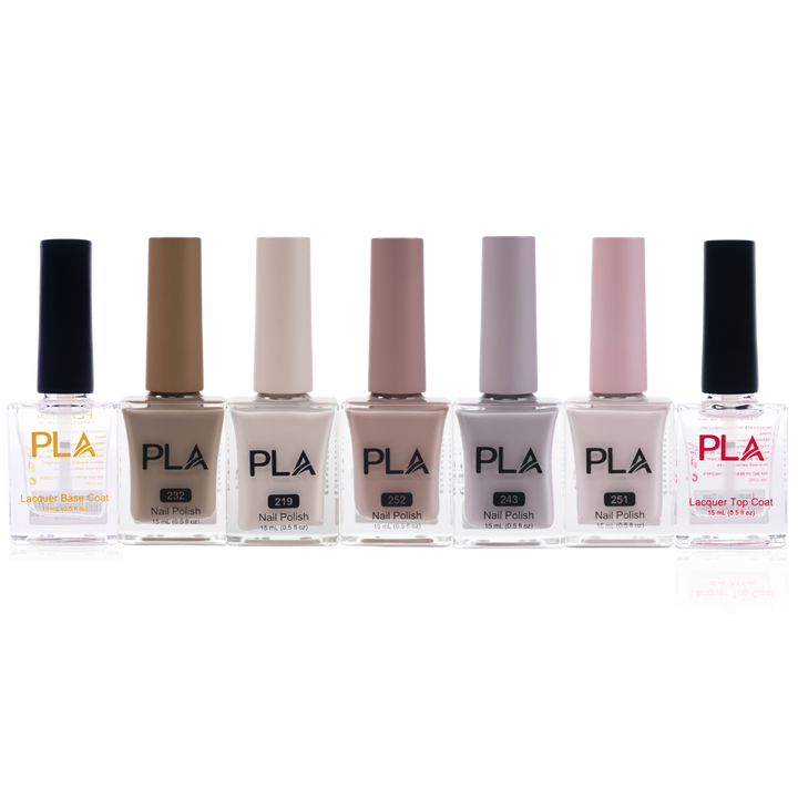 Set of PLA nail polish bottles on a white background
