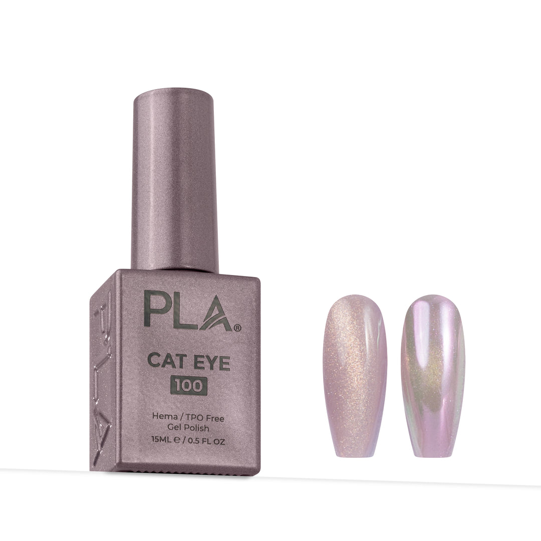 PLA Cat Eye 100 gel nail polish bottle in a metallic mauve shade, shown next to two artificial nail tips displaying the iridescent pink-lilac cat-eye shimmer.