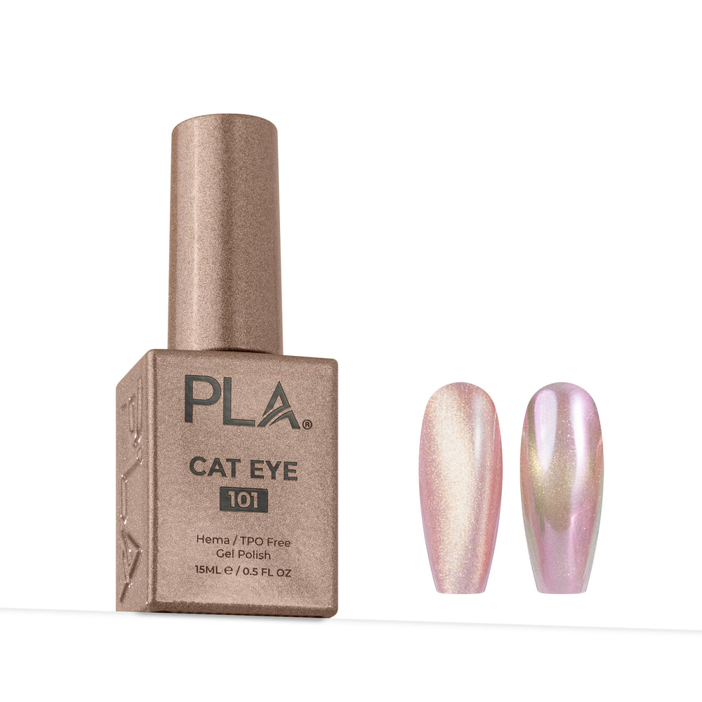 PLA Cat Eye 101 gel nail polish bottle in a metallic rose gold color, shown next to two artificial nail tips displaying the shimmering pink and gold cat-eye effect.