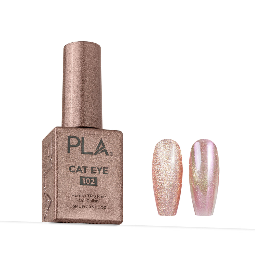 PLA Cat Eye 102 gel nail polish bottle in a metallic rose gold color, shown next to two nail tips displaying the shimmering pink and gold cat-eye effect.