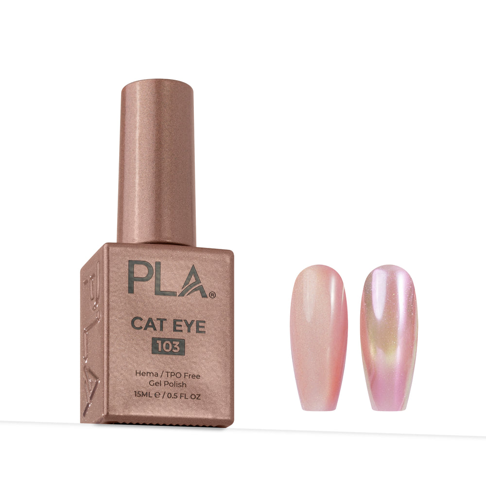 PLA Cat Eye 103 gel nail polish bottle in a metallic rose gold color, shown next to two false nails displaying the pink iridescent cat-eye effect.