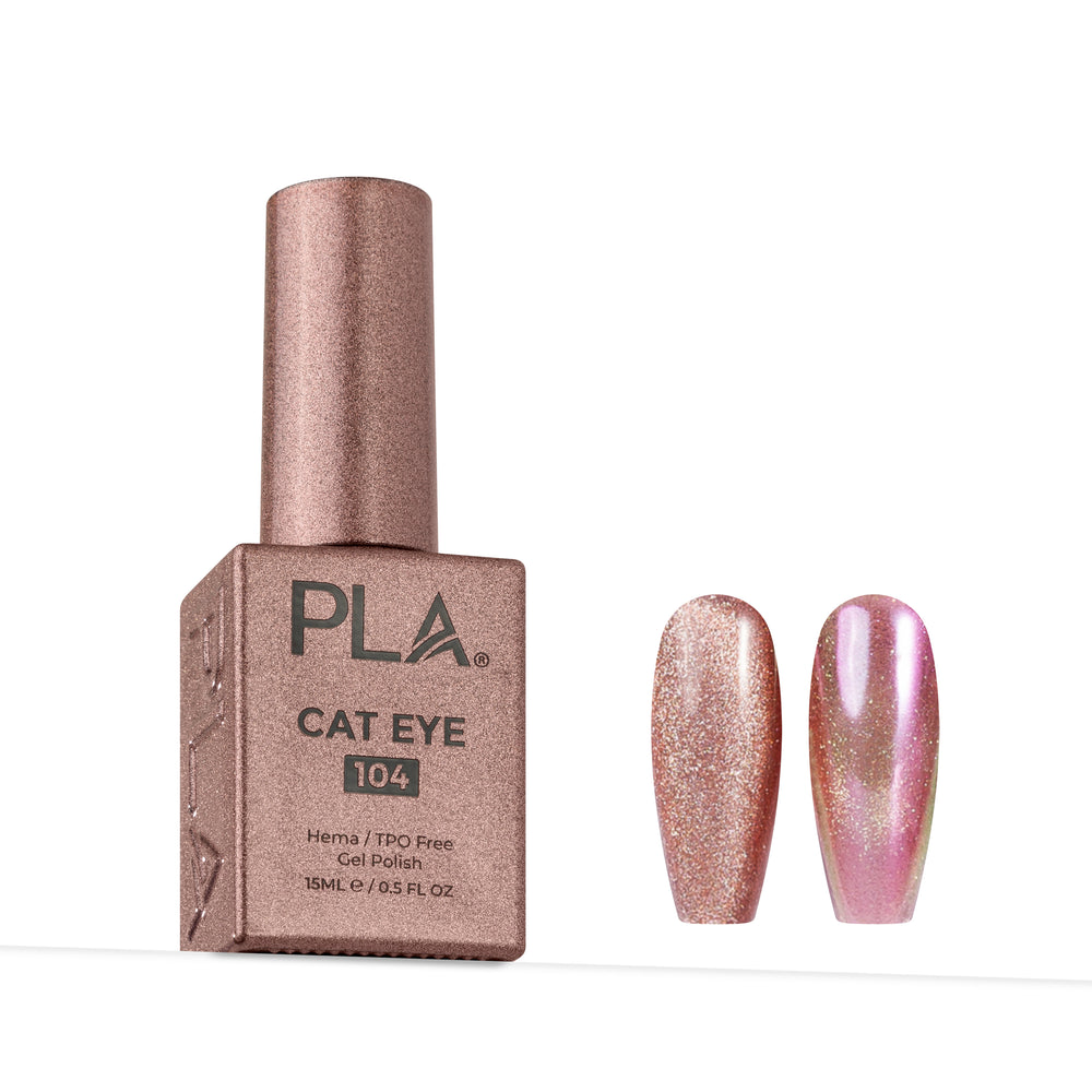PLA Cat Eye 104 gel nail polish in a metallic rose gold bottle, shown next to two almond-shaped nails displaying the shimmering pink cat-eye finish.