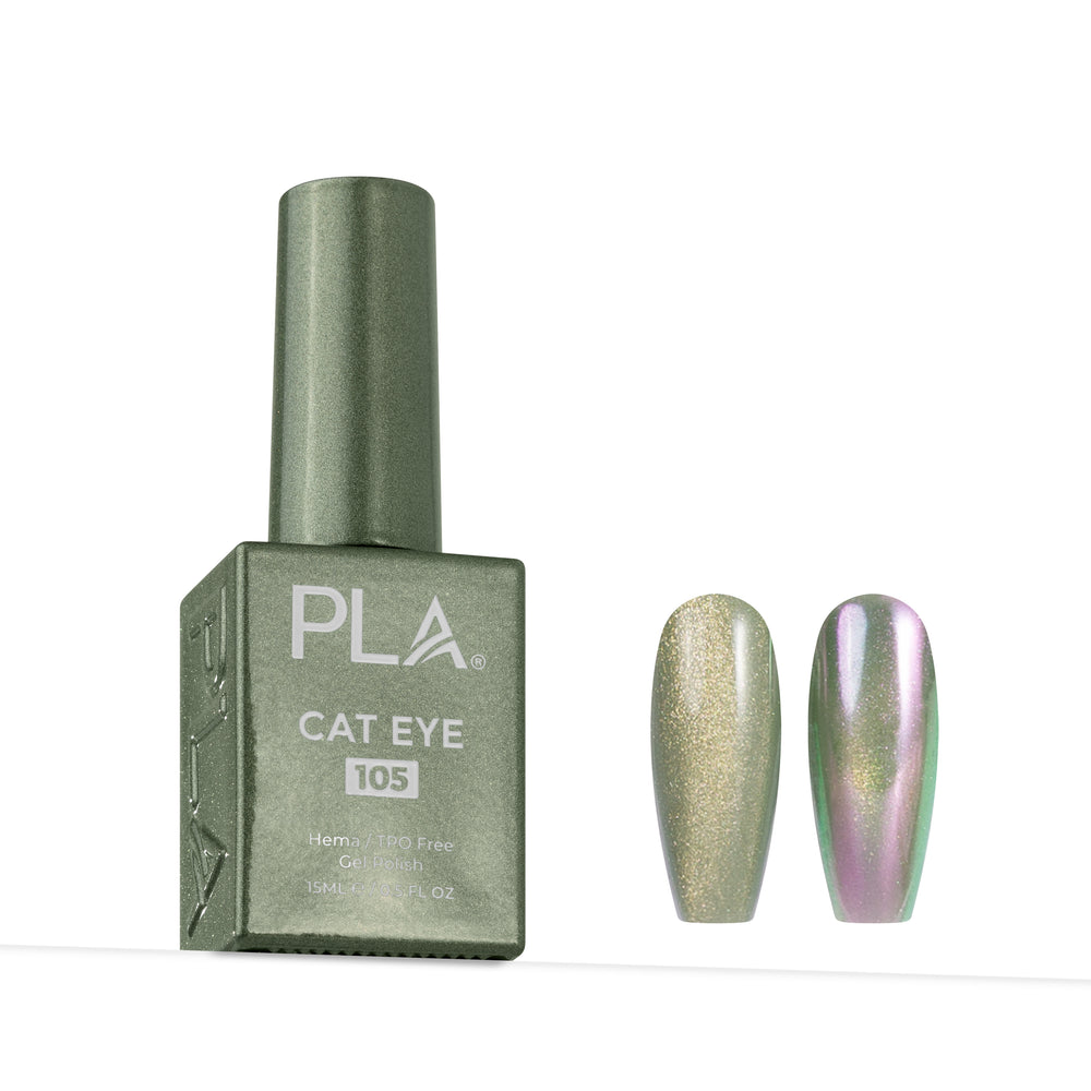 PLA Cat Eye 105 nail polish bottle in a metallic olive green color, shown next to two nail swatches displaying the shimmering iridescent finish.