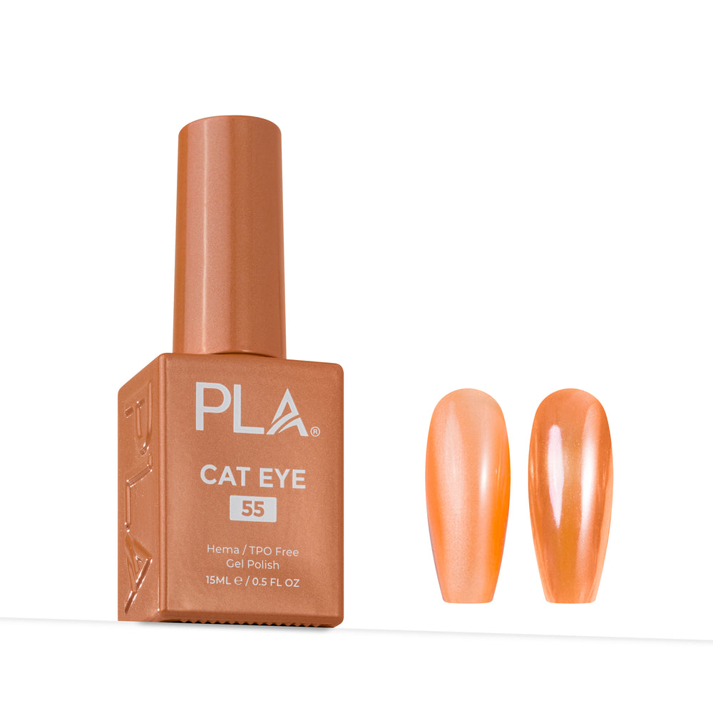 PLA Cat Eye 55 gel nail polish bottle in a warm peachy-orange shade, shown next to two almond-shaped nail tips displaying the glossy, shimmering color.