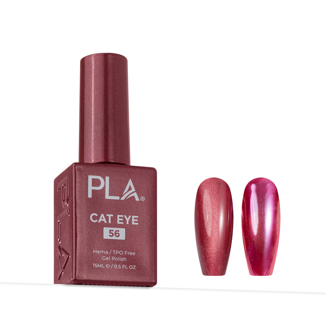 A bottle of PLA Cat Eye gel nail polish in shade 56, shown next to two almond-shaped nail tips displaying the shimmering metallic pink color.