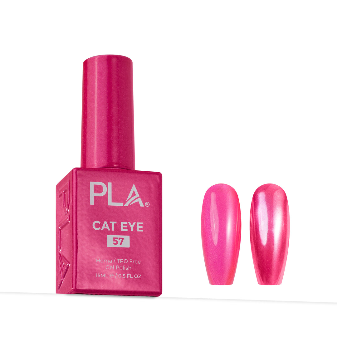 A bottle of PLA Cat Eye gel nail polish in shade 57, shown next to two glossy false nail tips displaying the vibrant magenta-pink color.