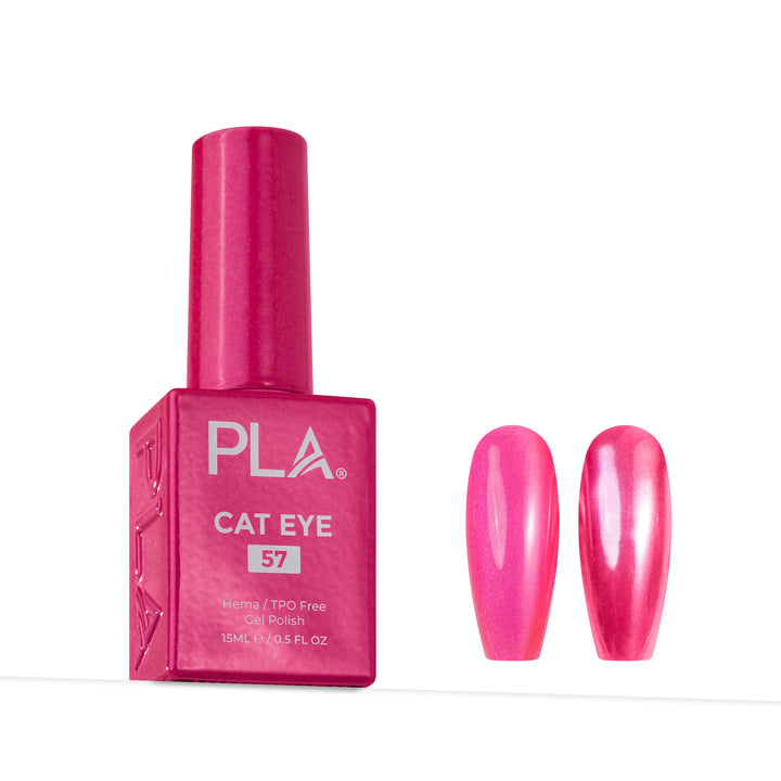 A bottle of PLA Cat Eye gel nail polish in shade 57, shown next to two glossy false nail tips displaying the vibrant magenta-pink color.
