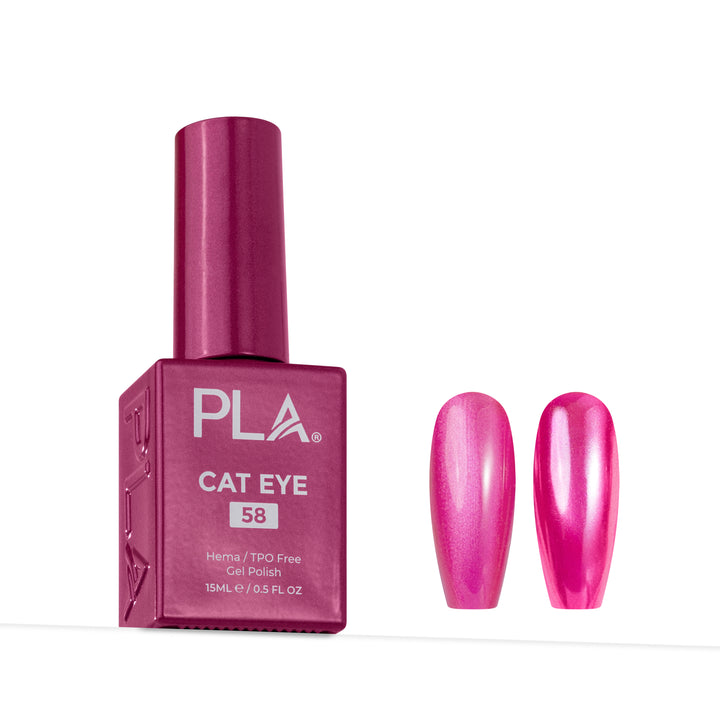A bottle of PLA Cat Eye gel nail polish in shade 58, shown next to two glossy, metallic pink nail tips on a clean white background.