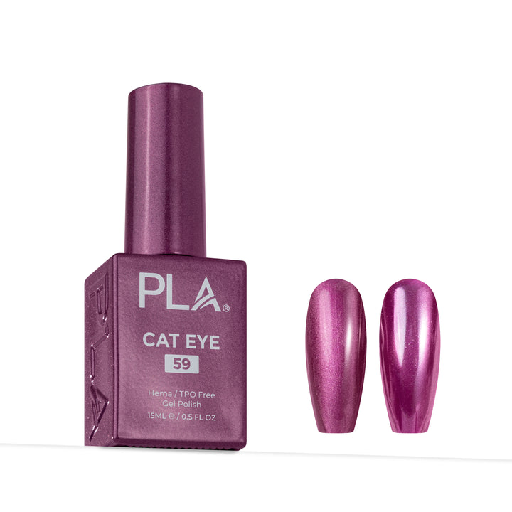 A bottle of PLA Cat Eye 59 gel nail polish in a metallic magenta-purple shade, shown next to two almond-shaped nail tips displaying the shimmering finish on a white background.