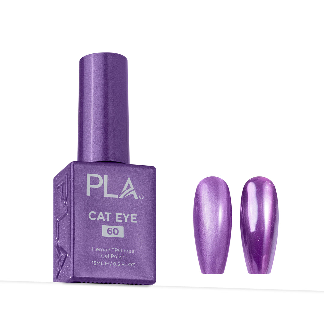 PLA Cat Eye gel nail polish in shade 60, shown in a metallic purple bottle alongside two artificial nail tips displaying the shimmering purple finish.