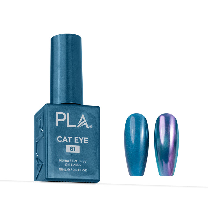 A bottle of PLA Cat Eye gel nail polish in shade 61, shown next to two artificial nail tips displaying the metallic, iridescent blue-purple finish.