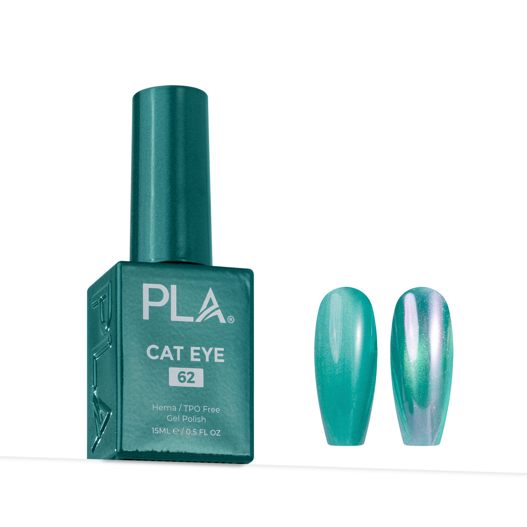 A bottle of PLA Cat Eye gel nail polish in shade 62, shown next to two almond-shaped nail tips displaying the shimmering teal-green magnetic finish.