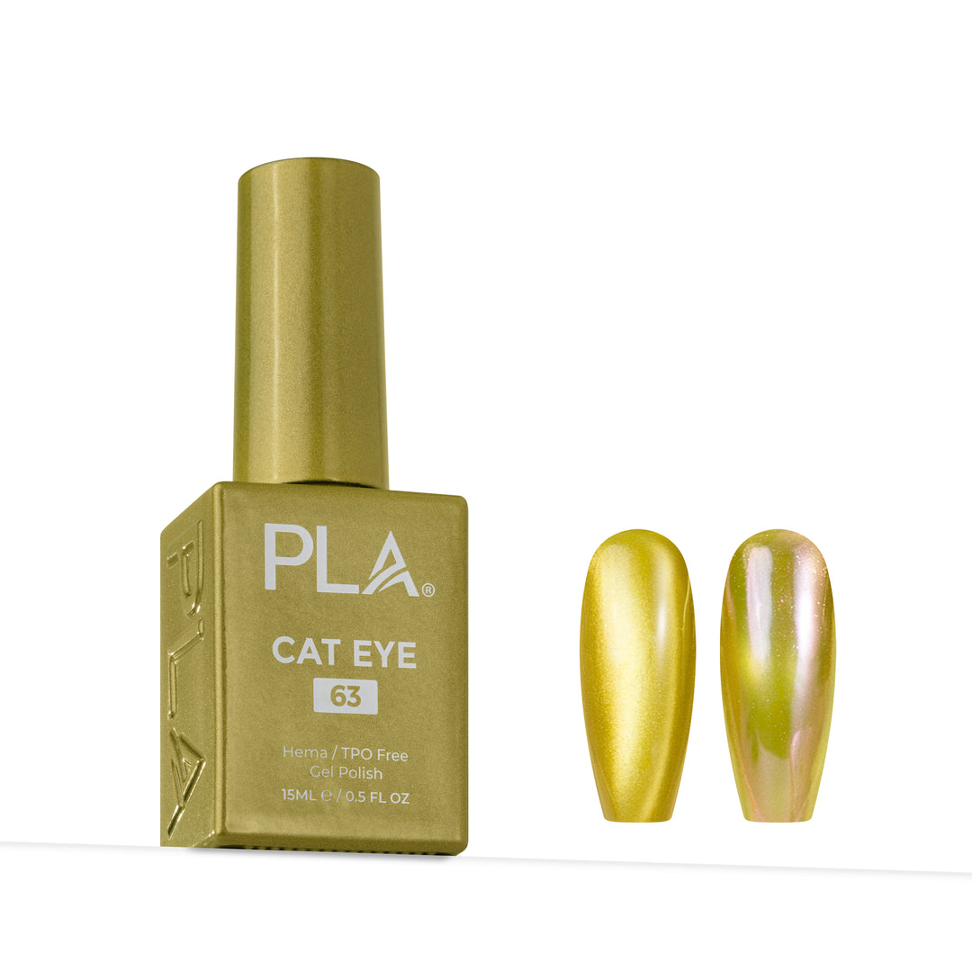 A bottle of PLA Cat Eye gel nail polish in shade 63, shown next to two false nail tips displaying the metallic gold with iridescent sheen effect.