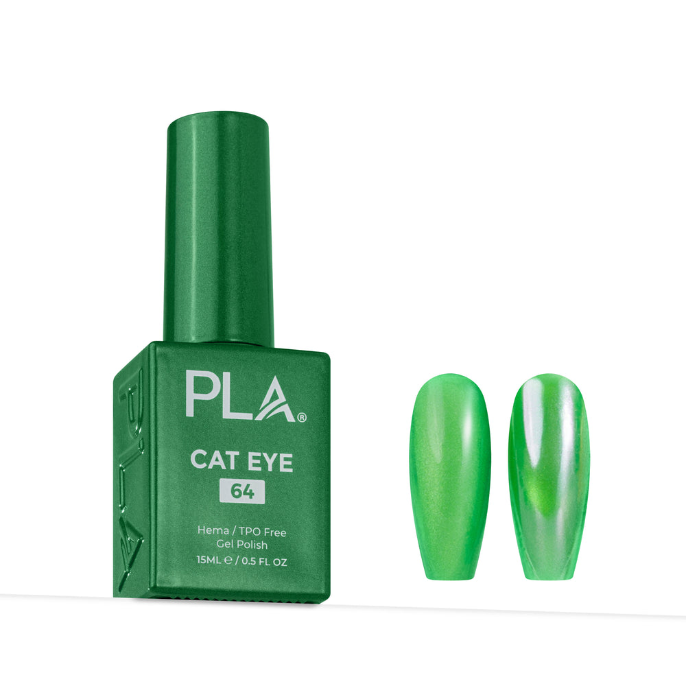 A bottle of PLA Cat Eye gel nail polish in shade 64 next to two false nails displaying the vibrant green shimmer polish, on a clean white background.